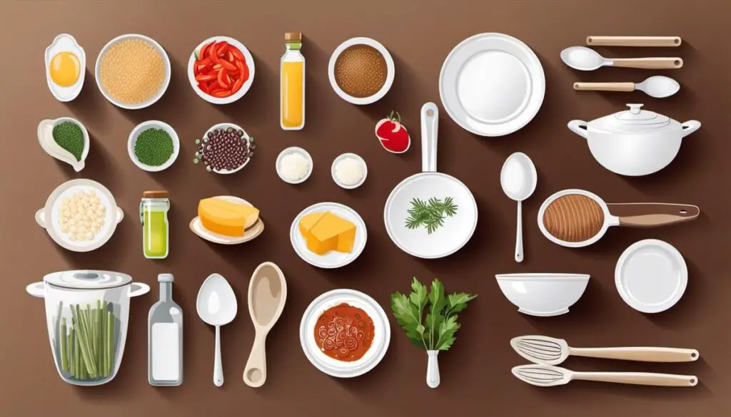 ilustração de vários alimentos e utensílios de cozinha para representar como substituir ingredientes nas receitas
