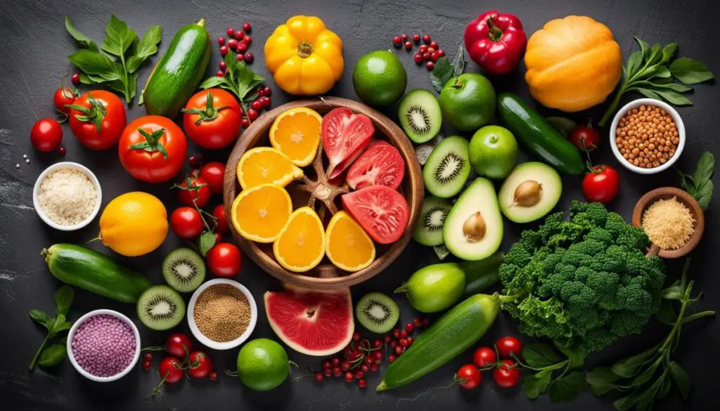 Uma imagem de ingredientes frescos e coloridos, como legumes e frutas, para representar as opções saudáveis e variadas na substituição de ingredientes em receitas vegetarianas.