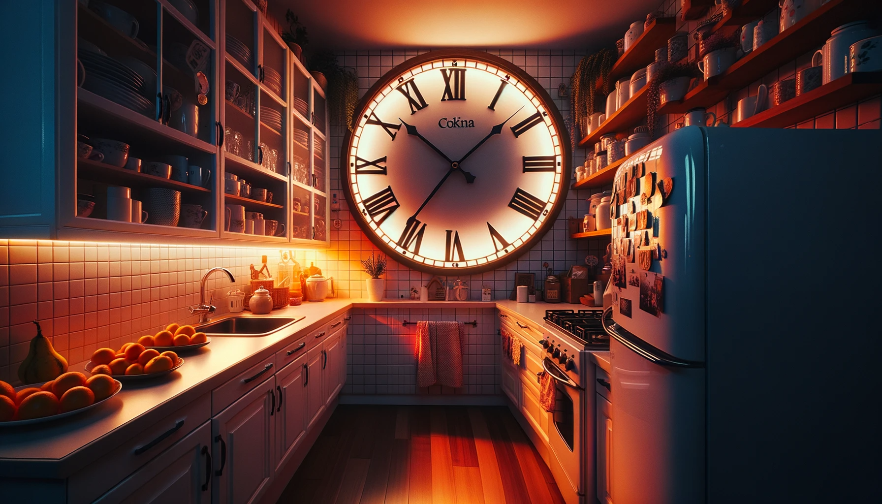 cenário fictício de uma cozinha com um relógio enorme para ilustrar como economizar tempo na cozinha