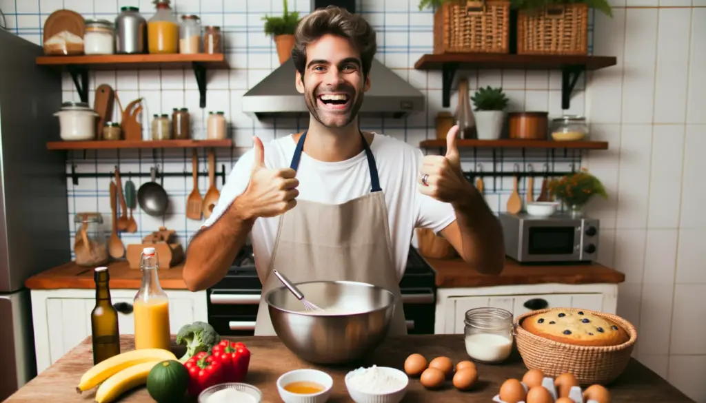 homem sorrindo e tentando aprender a fazer bolos fofos em casa