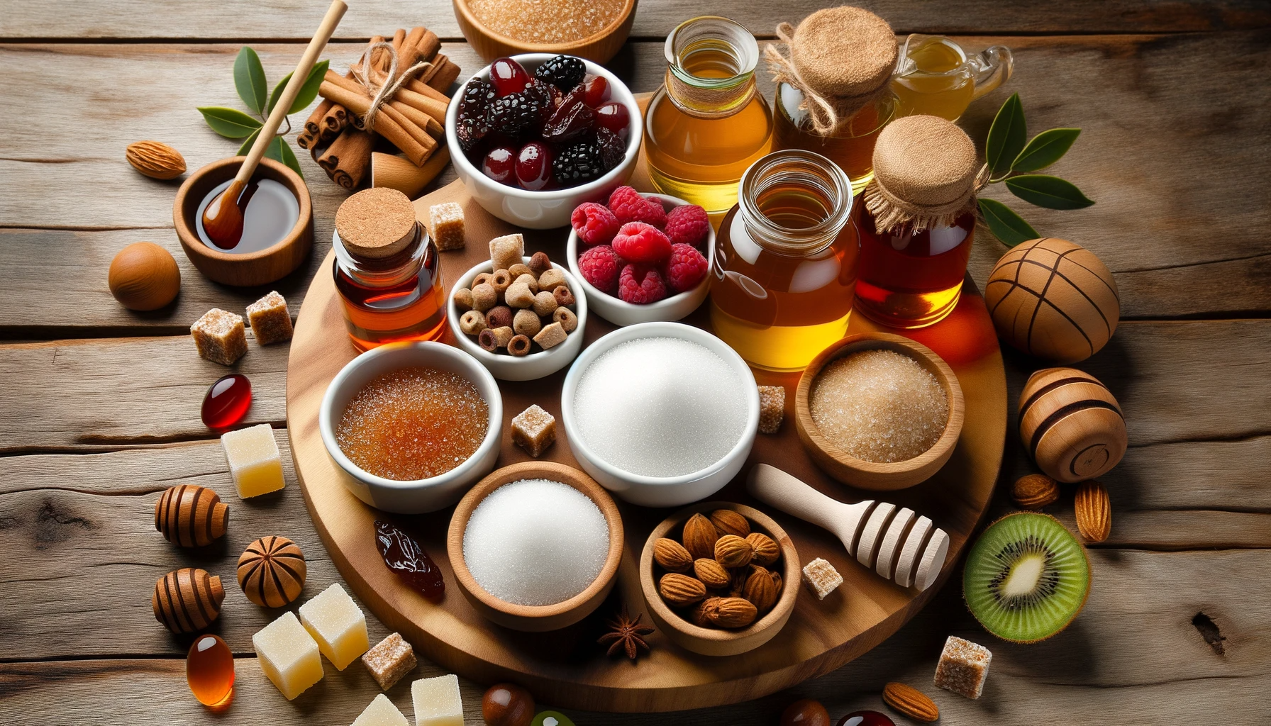 Foto 16:9 de um conjunto de ingredientes sobre uma mesa de madeira, mostrando xilitol, mel, xarope de bordo e estévia como opções para substituir o açúcar comum.