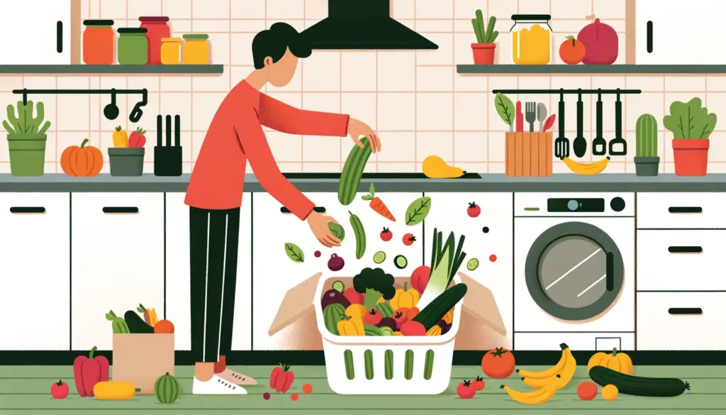 ilustração de homem jogando comida boa fora por não saber como evitar o desperdício de alimentos em casa