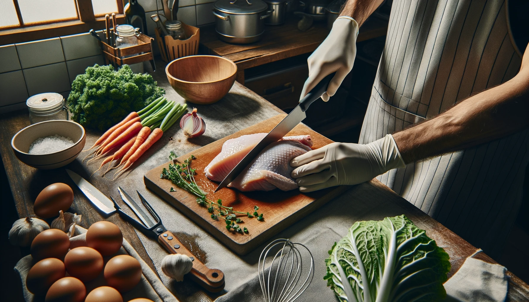 um homem cortando frango cru na mesma tábua de corte que vai usar para vegetais ilustrando como evitar contaminação cruzada na cozinha de casa