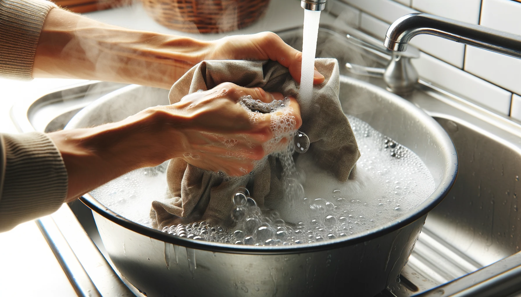 mãos de uma pessoa mostrando como lavar pano de prato com água quente da torneira