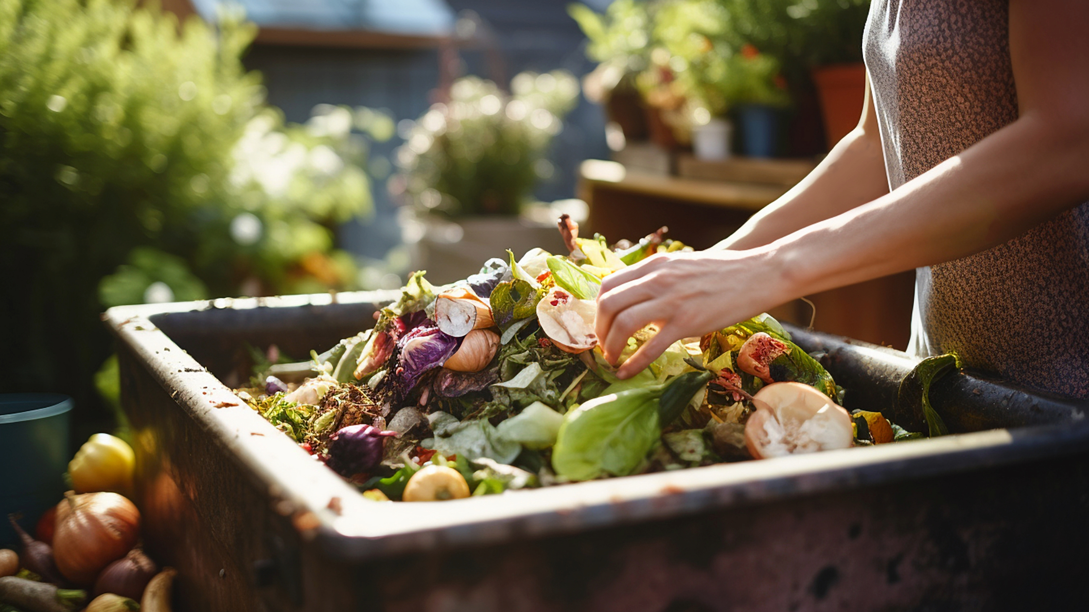 mãos de mulher colocando restos de alimento em uma composteira para ilustrar a importância do descarte sustentável na cozinha de casa